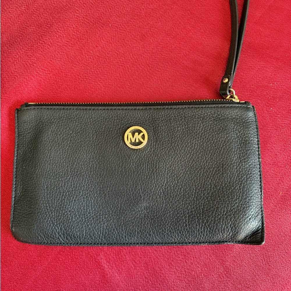 Michael Kors Black Leather Wristlet with Gold Logo